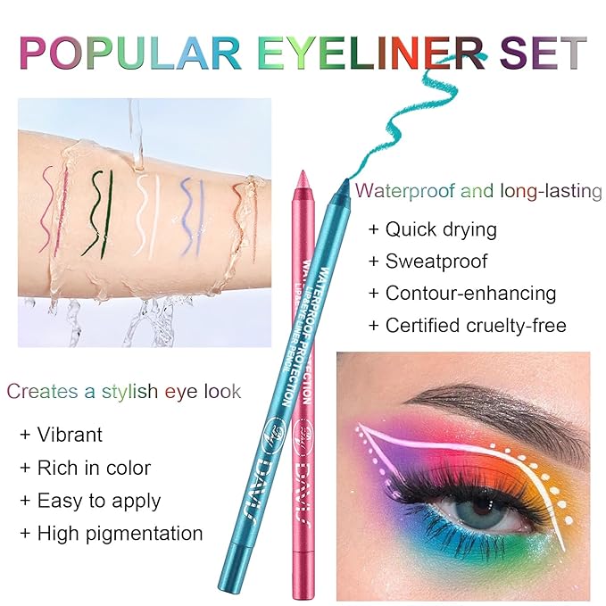 LemonSac 3 Colorful Eyeliner Pen Set, Eye Shadow Pencil, Pearl Eyeliner Kit Metallic Glitter Eye liner Pencil for Women Eye&Lip Liner Professional Eye Makeup Set Colorful Eye Color (3PCS B)