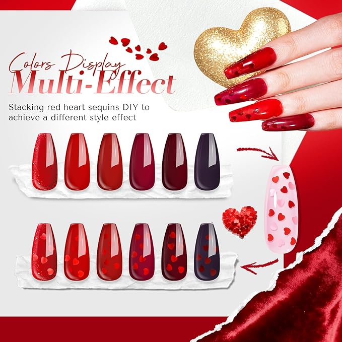 AZUREBEAUTY Dip Powder, Red Glitter 6 Colors Dipping Powder Starter Kit with Heart-Shaped Sequins French Nail Art Manicure DIY Salon Valentine's Day Gift for Women, No Need Nail Lamp Cured