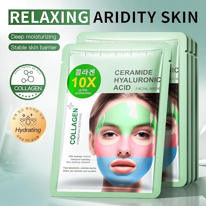 Collagen Face Mask, Hydrating Face Mask 3-Color Sheet Mask with Ceramide and Hyaluronic Acid, Deep Moisturizing & Plumping Facial Mask, Triple Effect 5PCS, Gentle & Nourishing for All Skin Types
