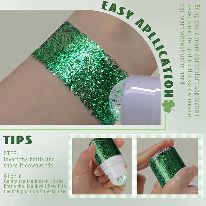 HOSAILY Roll-on Green Body Glitter Gel for Face Hair, St Patricks Day Accessories, Chunky Mermaid Sequins Halloween Festival Party Rave Outfits Christmas Face Paint Glitter Makeup for Women Kids