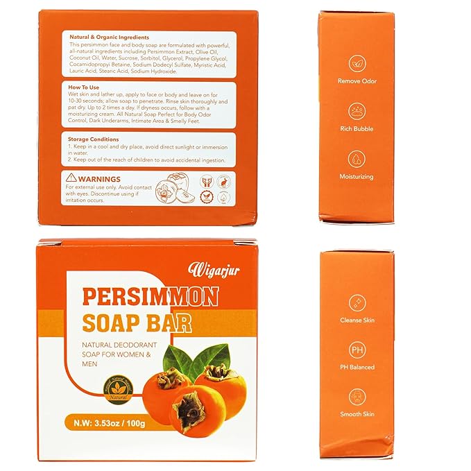 3 PCS Persimmon Soap Bar for Old People Smell, Natural Deodorant Body Face Bar Soap for Body Odor Control, Remove Bad Body Odor, Men & Women Deodorizing, Handmade Body Deeply Cleansing Bar Soap