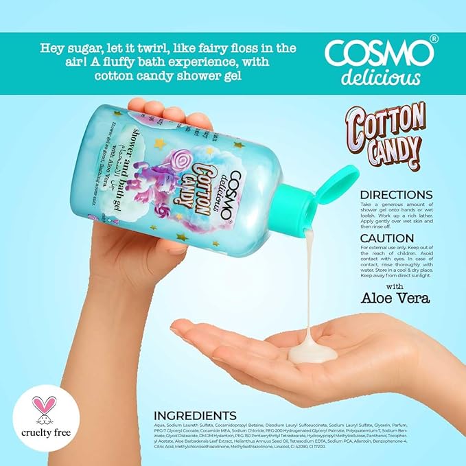Cosmo Delicious Cotton Candy With Aloe Vera Shower & Bath Gel 350ml, Hydrating & Refreshing Body Wash, Sweet Cotton Candy Fragrance, Dead Skin Removal, Body Cleanser, Shower Gel For Women & Men
