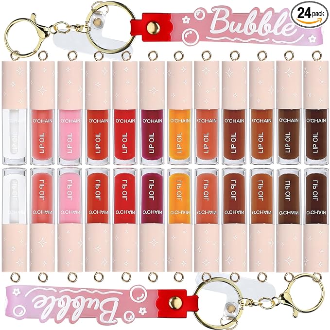 O'CHAIN 24 Pack Lip Oil Set with Portable Keychain, High Shine & Moisturizing, Long Lasting Wear, Deep Hydrating Nourishing Lip Care and Repair Kit for Women and Girls