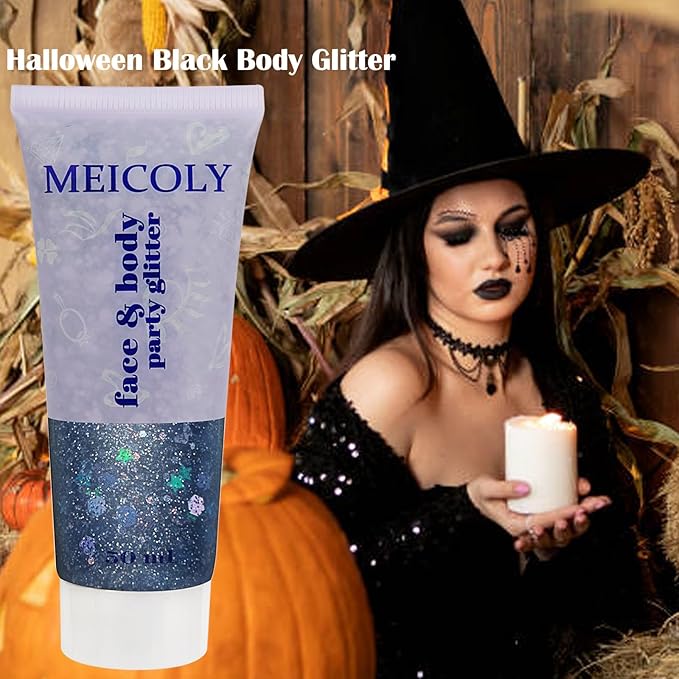 MEICOLY Black Glitter, Professional Body Paint, Holographic Mermaid Sequins Eye Glitter for Halloween Cosplay SFX Makeup, Self-Adhesive Chunky Face Gel for Women and Kids