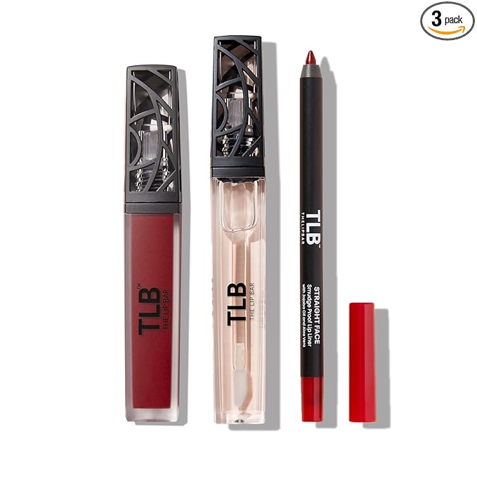The Lip Bar Vegan Lip Kit, with Straight Face Lip Liner, Bawse Lady Liquid Matte Lipstick, and Minimalist Non-Sticky Lip Gloss, 3 pieces