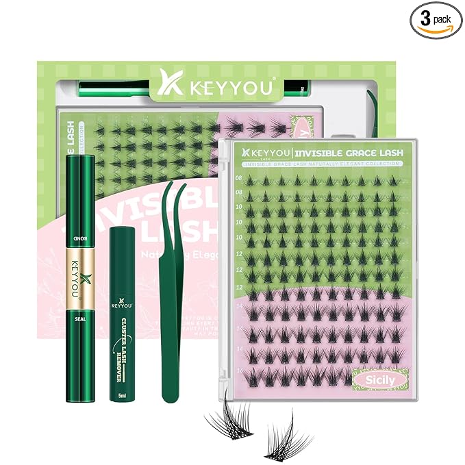 KEYYOU Sicily Lash Clusters Kit Fairy Lash Extension Kit C Curl 120Pcs Eyelash Extension Kit Wispy Natural Invisible Band Lash Kit with Waterproof DIY Lash Extension Kit at Home(Sicily-C-8-16MIX)