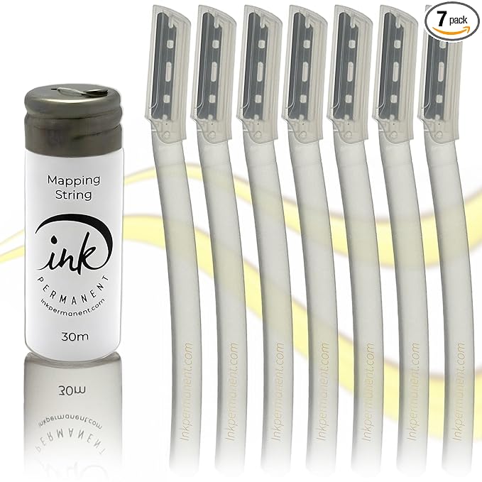 Ink Permanent Face Razors for Women with White Brow Mapping String Kit, 7 Eyebrow Razors with Pre-Inked Mapping String for Facial Hair Removal for Women, Brow Mapping Kit, Eyebrow Razor