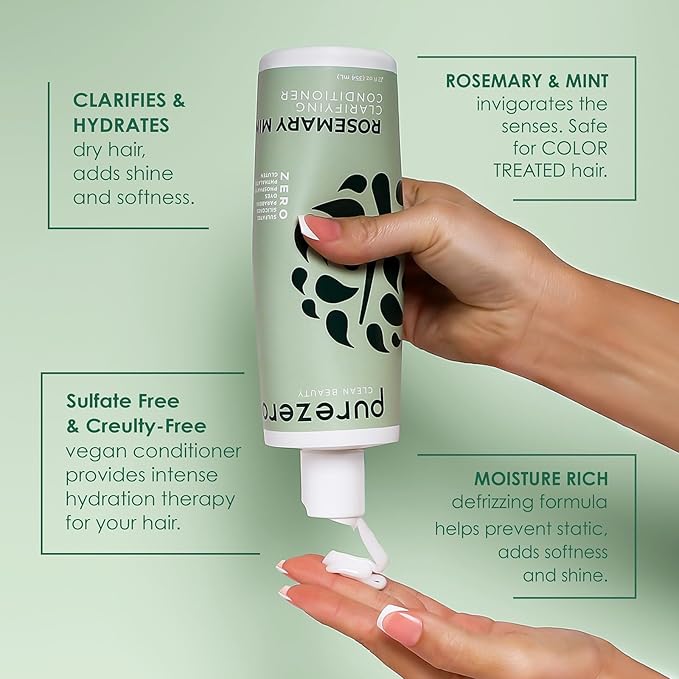 Purezero Rosemary Mint Clarifying Silicone Free Shampoo & Conditioner Set – Vegan Duo for Balanced Scalp, Build-Up Removal & Fresh Minty Finish – Sulfate-Free, Paraben-Free, Cruelty-Free, 2×12 oz
