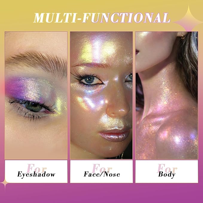 Pink Glitter Eyeshadow, Half Magic Eyeshadow Palette, 3 Color Gold-Pink-Purple Chameleon Iridescent Holographic Glitter Cream Eye Shadow, #03