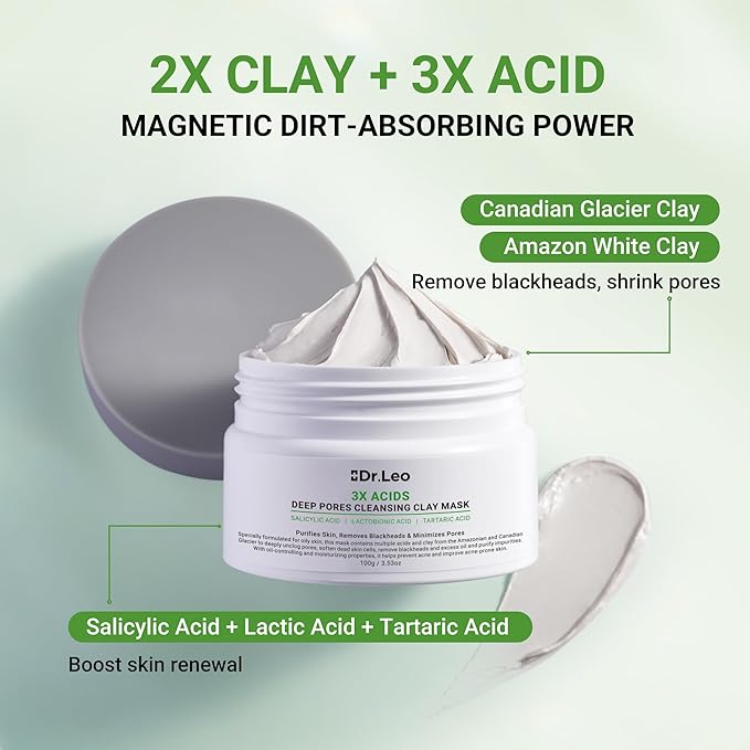 3X Acid Clay Mask with Amazonian White & Glacier Clay, Deep Cleansing Facial Skincare for Pore Minimizing Oil Control & Detox, Face Mask for All Skin Types, 3.53 oz