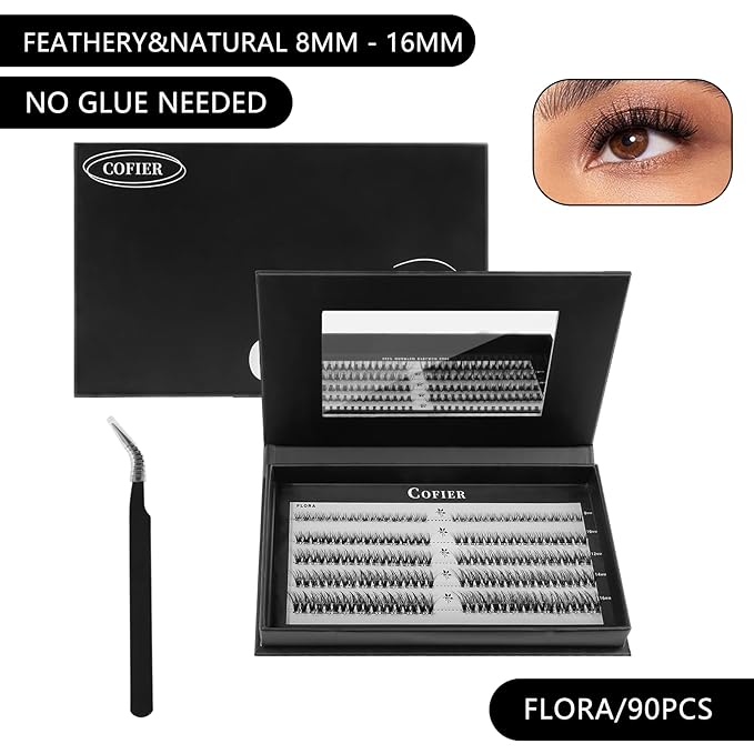 Glue-Free Wispy Lash Clusters Kit, 90 Pcs Individual Eyelash Clusters (8-16mm C Curl)- DIY Lash Extension Kit with eyelashes Tweezers, Natural Fluffy Fake Lashes for Home Use, Beginners Friendly