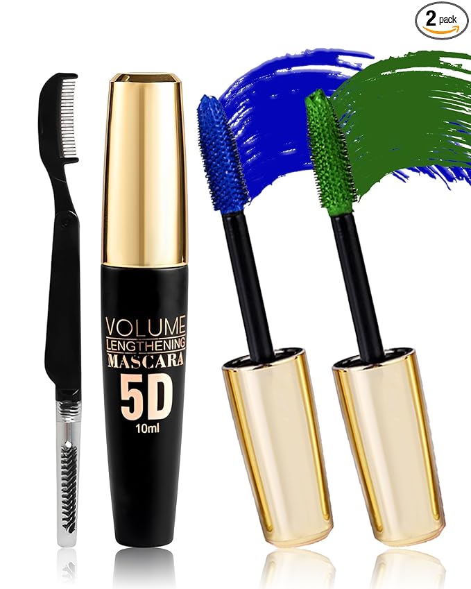 Blue Green Waterproof Mascara for Eyelash, 5D Silk Fiber Lashes Extension Colored Tube Mascara with Eyelash Brush, Long Lasting Smudge-proof Volumizing Lengthening, Cosplay Eye Makeup Gift for Women