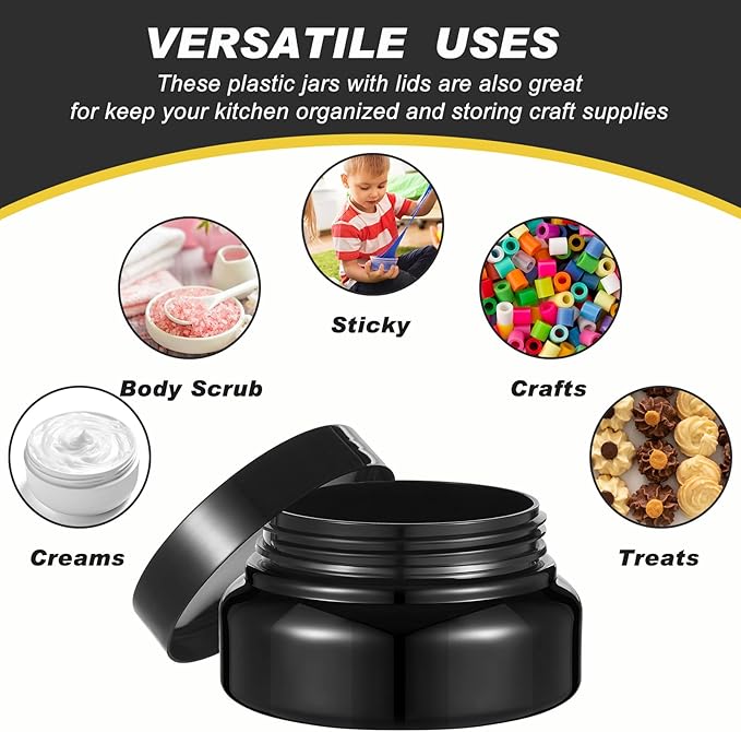 Tessco for you 24 Pack Plastic Jars with Lids Labels Multiuse Slime Containers Empty Body Scrub Jars Round Refillable Cosmetic Body Butter Container for Makeup (5 oz,Black)