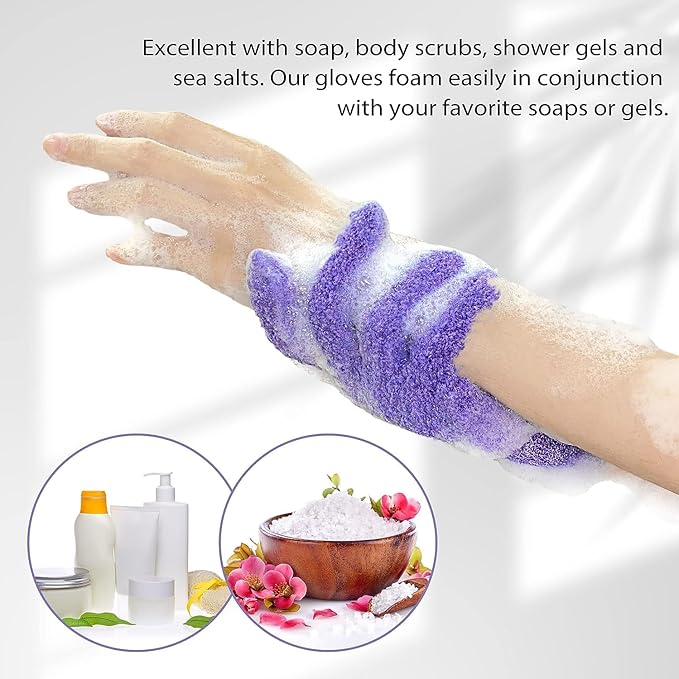 Evridwear Exfoliating Glove Shower Gloves Exfoliate Dead Skin for Dry Sensitive Skin No Irritation with Hanging Loop (Purple Deep Exfoliation)