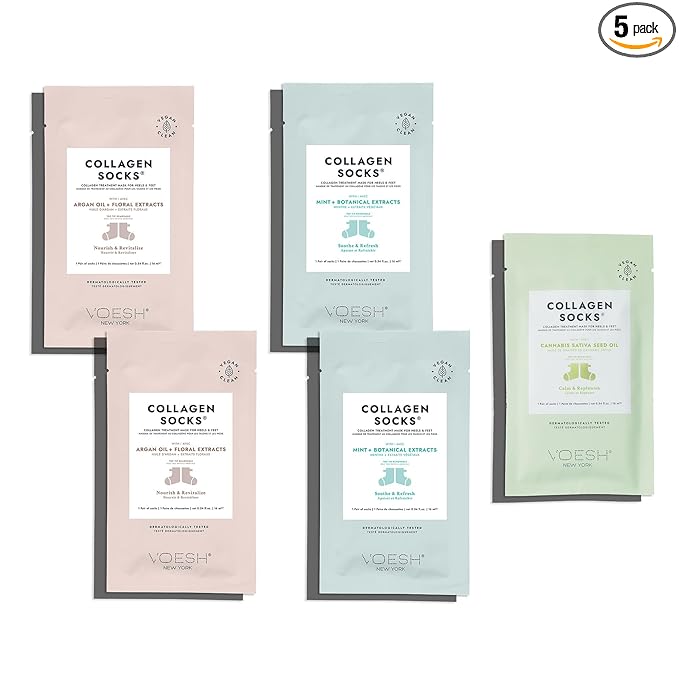 VOESH Collagen Socks, Collagen Socks for Dry Feet, Variety 5 Pack, Cracked Heel Repair, Moisturizing Socks, Spa Pedicure Treatment, Spa Socks, Foot Peel Masks, Vegan