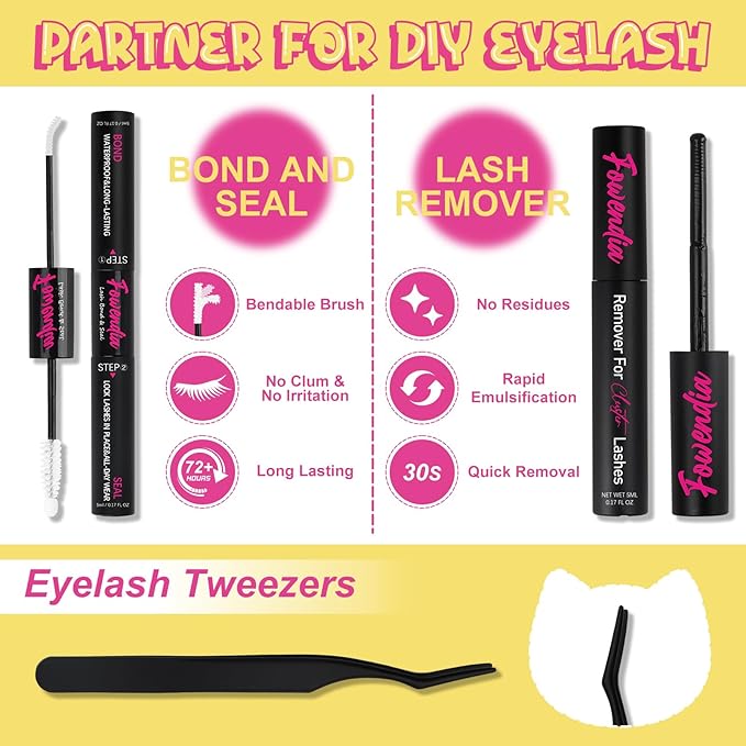 Fowendia Lash Clusters Freya Manga Lashes Clusters DIY Lash Extension Kit 8-18mm D Curly Eyelash Clusters with Bond, Seal, and Remover - Invisible Band 0.3mm Wispy Cluster Lashes Spikes Eyelashes Kit
