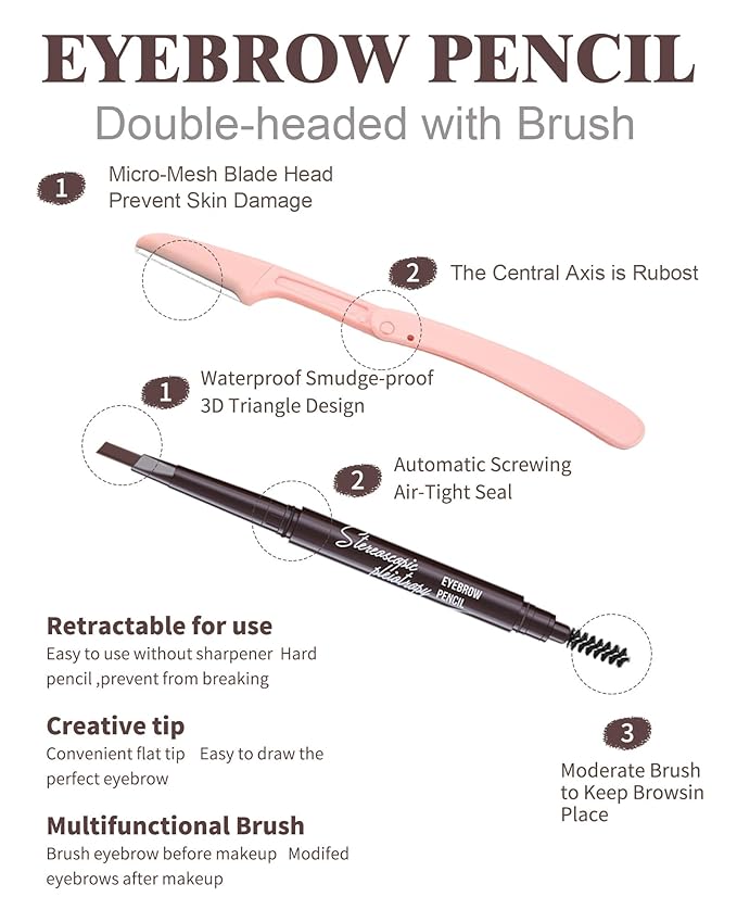Waterproof Eyebrow Pencils for Women, 6Pcs Double-ended Black Eye Brow Pencil with Razor Kit, Triangular Tip Design Makes it Easier to Define and Fill in Brows for a Natural Look