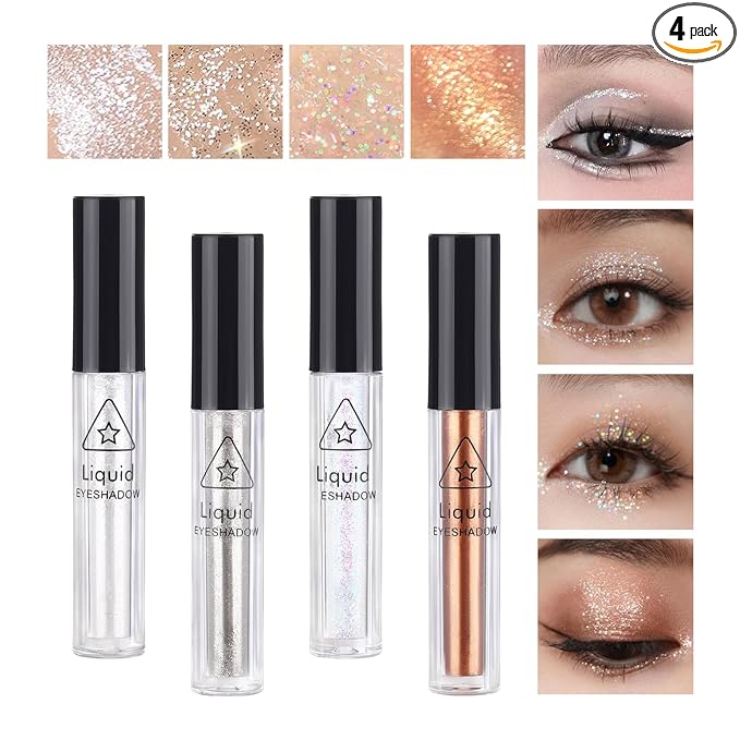 4Pcs Liquid Eyeshadow Eyeliner Kit Set for Korean Makeup, Sparkling Shimmer Metallic Eye Glitter Sequins for Under Eye Tear-Drop Make Up, Quick-Dry Loose Glitter Glue for Crystal Mermaid Looks