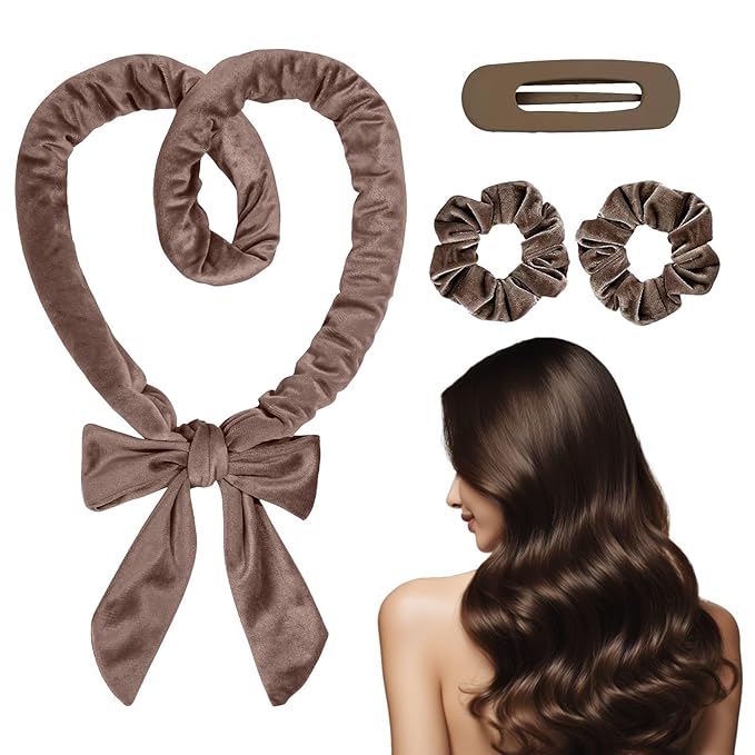 Heatless Curls Overnight Headbands for Women, Hair Rollers with Scrunchies and Clip, Soft Velvet Heatless Hair Curler for Long Hair, No Heat Damage to Hair (Brown)