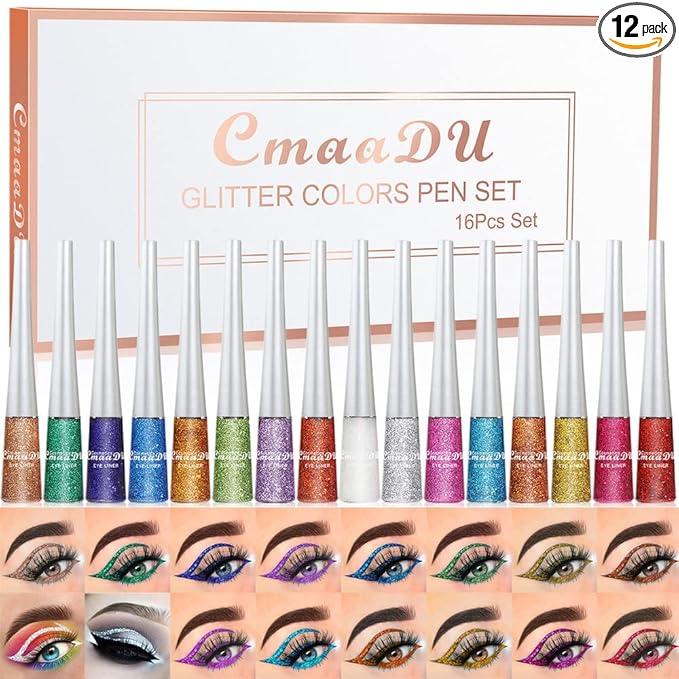 16 Colors Liquid Glitter Eyeliner Set, Metallic Shimmer Glitter Eyeshadow, Colorful Rainbow Eyeliner Long Lasting Waterproof Face Lips Art for Party Festival Makeup