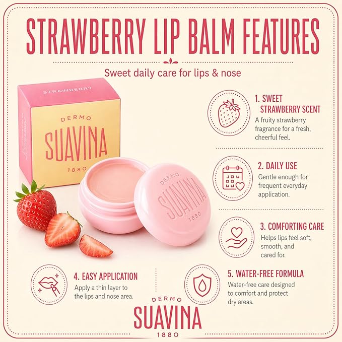 Suavina Strawberry Lip Balm for Extreme Dry Cracked Lips, Intensive Lip Repair Treatment with Natural Oils & Vitamin E, Moisturizing Lip Therapy for Cold & Warm Weather, Dry Lip Repair for Men & Women