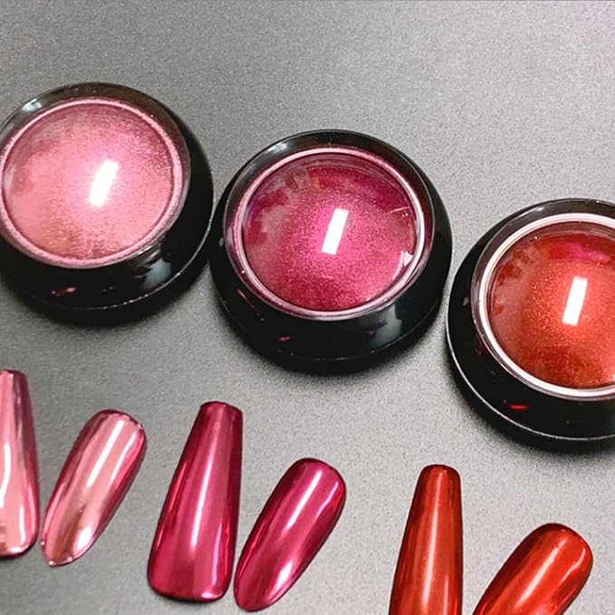 3 Jars Pink Chrome Nail Powder Kit - Metallic Mirror Effect Nail Art Powder for Gel Polish, Pink Rose Red Set