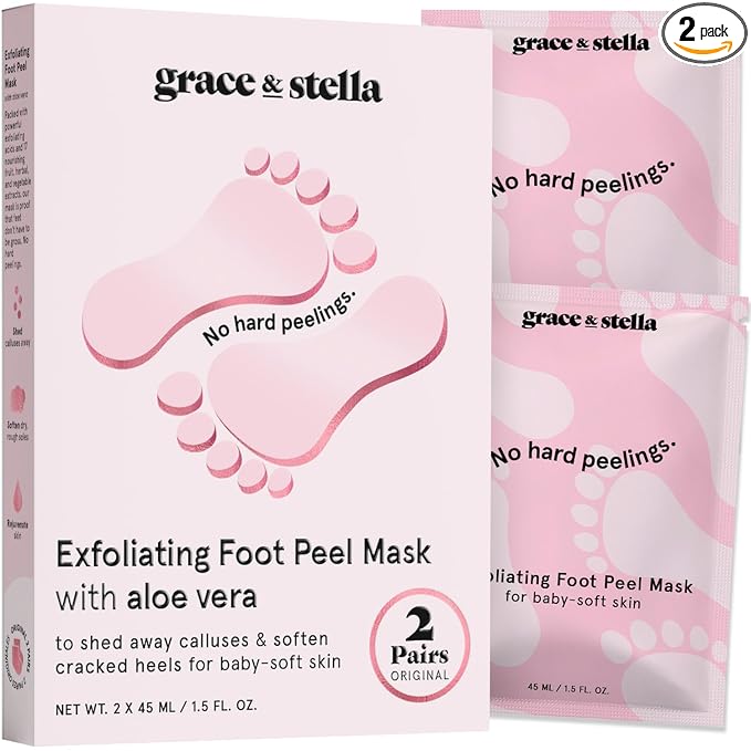 grace & stella Award-Winning Foot Peel Mask - Foot Peeling Mask with Aloe Vera - Moisturizing Foot Mask for Dry Cracked Feet - Foot Exfoliator for Baby Soft Feet (2 Pairs, Unscented)