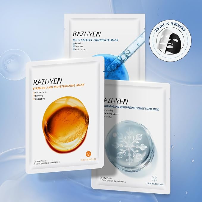 Face Sheet Masks, 9 Variety Packs, Peptide, Vitamin C & Panthenol B5, Antiaging, Brightening,Soothing Facial Skincare Gift Set for All Skin,Moisturizing Face Mask Set.