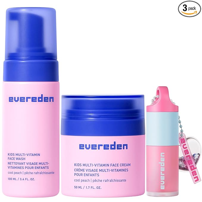 Evereden Happy Kids Skin & Lips Routine - Multi-Vitamin Face Wash & Face Cream Peach & Tinted Lip Oil Sakura Pink Set - Clean & Vegan Skin Care for Kids 3+ - Moisturizing, Nourishing, & Protective