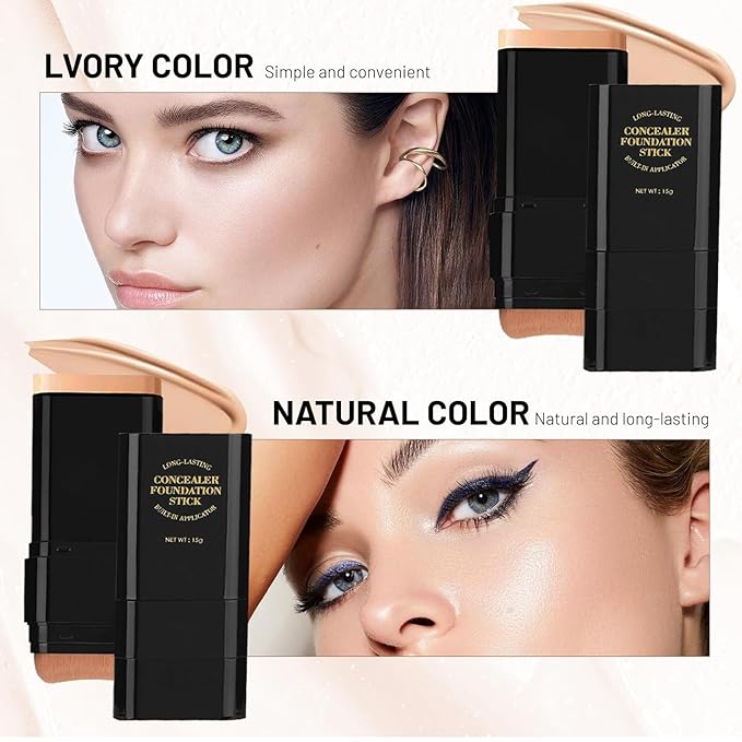 Foundation Stick,2 in 1 Dual-Ended Long-Lasting & Waterproof Concealer Korean Foundation Contour Sticks,Contouring Foundation with Brush,Full Coverage Matte Finish for Face Makeup(01IVORY)