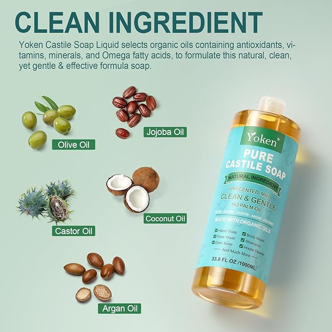 Yoken Pure Castile Soap Liquid Unscented 67 fl oz Castile Liquid Soap Made With Organic Oil, Clean & Gentle, No Palm Oil, Vegan, Natural Castille soaps for Face Body Hand Wash, Dishes Multi-purpose