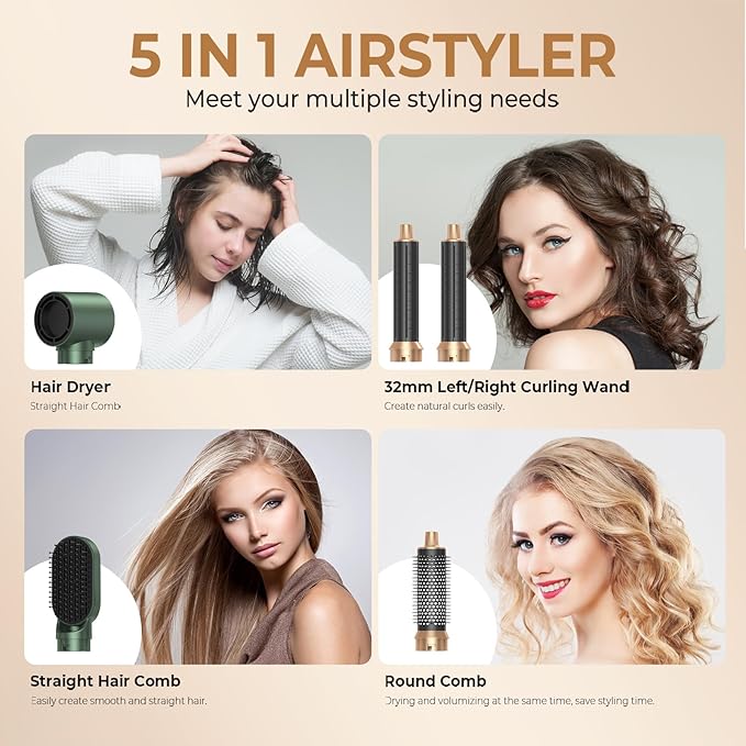 5 in 1 Hair Dryer Brush, Air Style Wrap Hair Styler, Negative Ion Blow Dryer, Hot Air Brush for Blow Drying, Hair Brush for Blow Drying, All-in-One Hair Styling Tool, Volumizing, Straightener & Curler