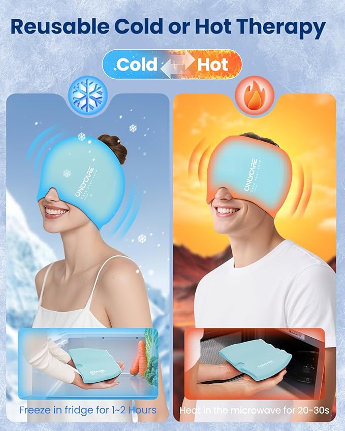 ONLYCARE Migraine Relief Cap, Upgraded Headache Relief Cap with Odorless Reusable Gel Head Wrap, Soothing Face Ice Pack Mask Products with Hot & Cold Therapy for Tension, Stress, Hangover & Puffy Eyes