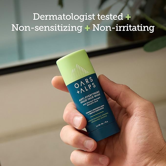 Oars + Alps Anti-Everything Solid Face Wash for Men with Clinical-Strength Salicylic Acid, Ceramides, Shea Butter, Travel-Friendly TSA Compliant, Deep Sea Glacier Scent, 1.1 Fl Oz
