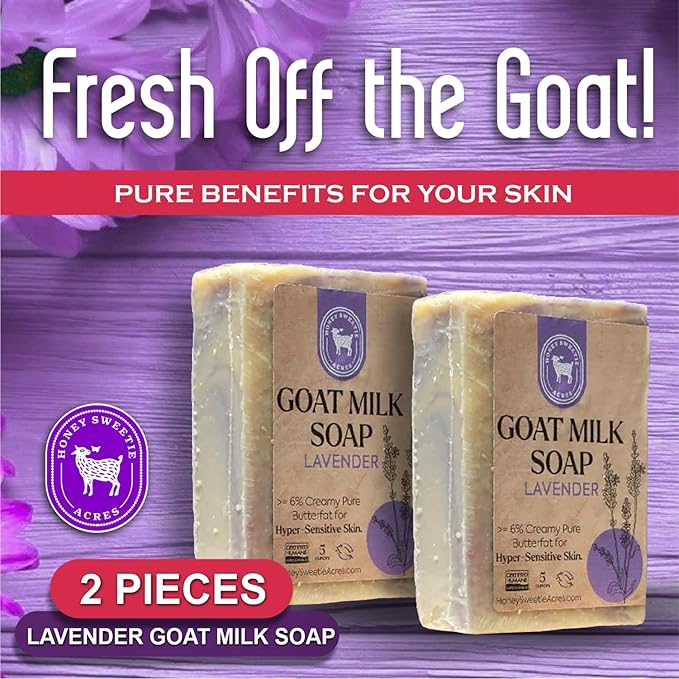 Honey Sweetie Acres 2-Pack Lavender Goat Milk Soap - Handmade 5 oz Bar, Made with Natural Ingredients, Moisturizing & Gentle, Made in the USA