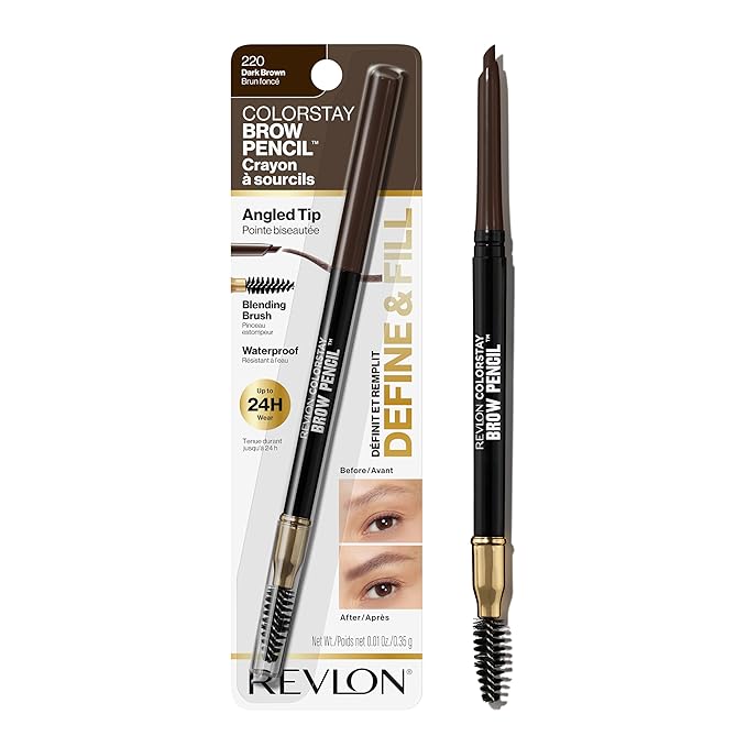Revlon ColorStay Eyebrow Pencil with Spoolie Brush, Waterproof, Hair-Like Strokes for Natural Looking Brows, 220 Dark Brown, 0.021 oz