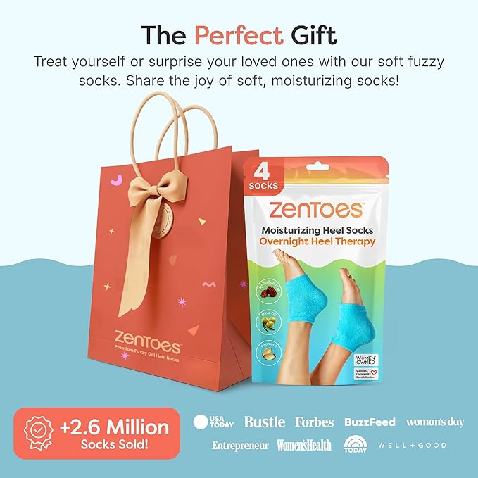ZenToes Moisturizing Socks for Cracked Heel Treatment, Vitamin E, Olive Oil and Jojoba Oil Infused Heel Socks, Spa Gifts for Women, Mothers Day Gifts (Fuzzy Blue, Wide Width)