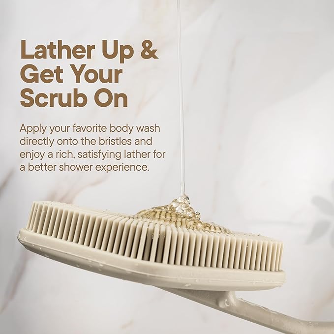 TOOLETRIES Silicone Back Scrubber for Shower Exfoliating Back Brush for Men with Long Handle, Non Slip Grip Body Washer to Clean Hard to Reach Areas, Durable Bath Accessory - Sand