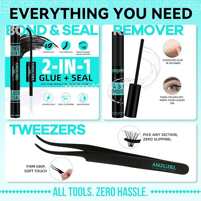 Lash Clusters Kit 60D 80D Eyelash Extension Kit,Lash Bond and Seal Waterproof,Lash Remover for Individual Cluster Lashes Kit,Lash Applicator Tool for DIY Lash Extension Kit(D-Mix9-16mm Kit)