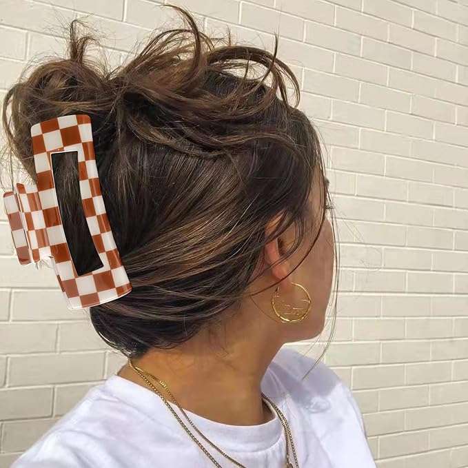 Atoden Checkered Hair Clips for Thick Thin Hair 4Pcs Large Medium Small Claw Clips Strong Hold Non Slip Y2K Hair Accessories for Women Girls Brown