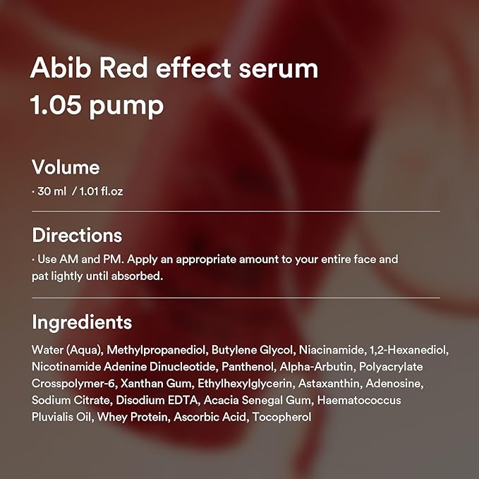 Abib Red effect serum 1.05 pump 1.01 fl oz Anti-aging Facial Skincare with Nicotinamide Mononucleotide (NMN) 1% & Astaxanthin 0.5% for 24-Hour Antioxidant & Anti-Wrinkle Support for All Skin Types