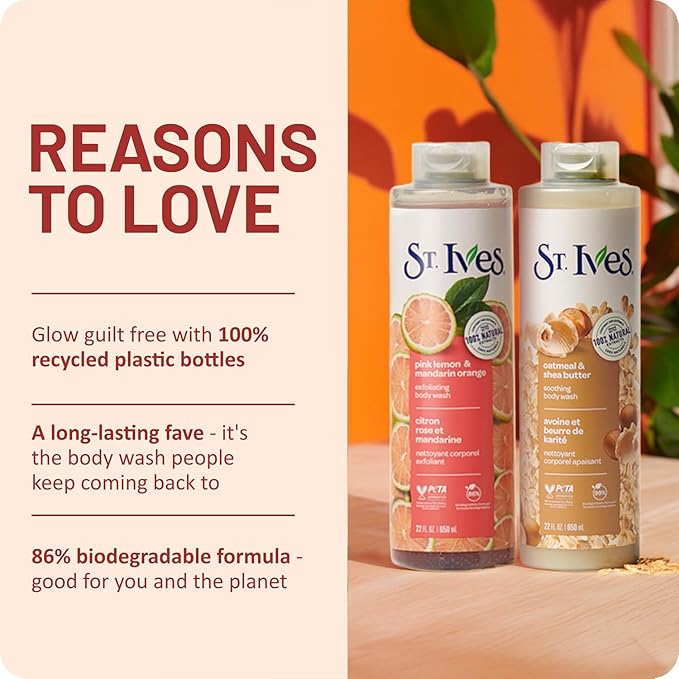 St. Ives Body Wash Variety 2-Pack – Soothing Oatmeal & Shea Butter + Exfoliating Pink Lemon & Mandarin Orange, 100% Natural Extracts, Cruelty-Free, 22 Oz Ea