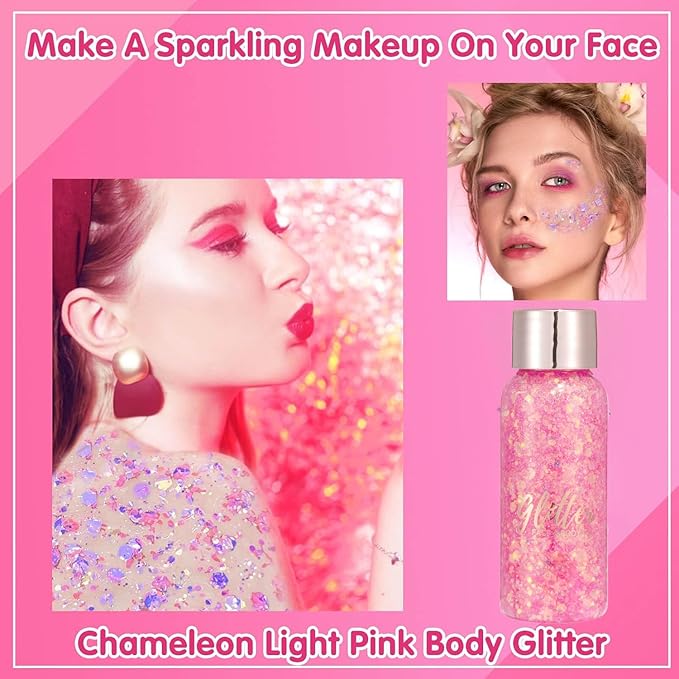 Mermaid Sequins Chunky Glitter Liquid Eyeshadow Glitter Body Gel Festival Glitter Cosmetic Face Hair Nails Makeup Long Lasting Sparkling 30g (#104 Dark Pink)