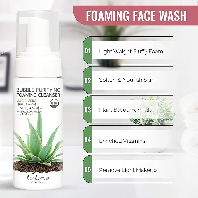 LOOKATME Korean Face Wash for Sensitive Skin - Water Based Bubble Skincare Cleanser - K Beauty Natural Acne Foaming Cleaner - Hydrating Skin Care Cleansing Foam with Low pH - Aloe Vera