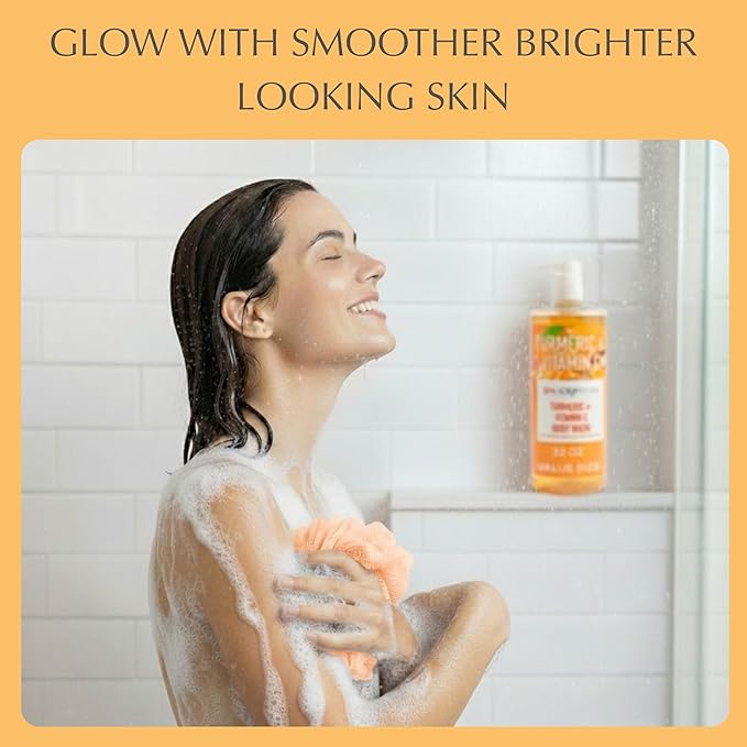 SpaScriptions Vitamin C & Turmeric Body Wash – Brightening Gentle Cleansing Shower Gel Scrub With Hyaluronic Acid for Radiant Glowing Skin & Brown Sugar Exfoliation, Scented, Paraben Free, 32 fl oz