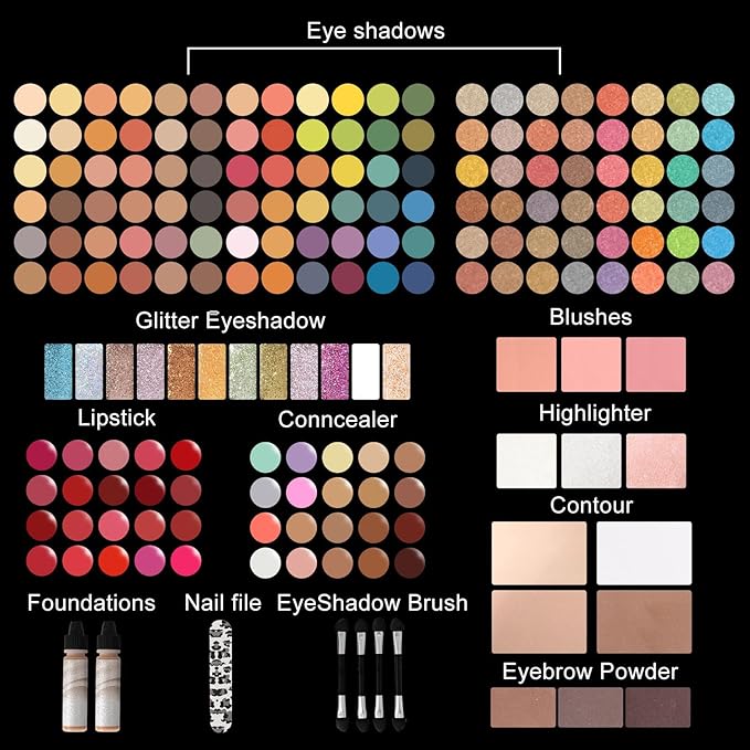 MISS ROSE M 187 Colors Professional Makeup Palette - All-in-One Kit With Eye Shadows, Lipsticks, Mascara, Foundations, Blushes, Brow Pencils, Nail File - Makeup Gift Set for Women and Girls