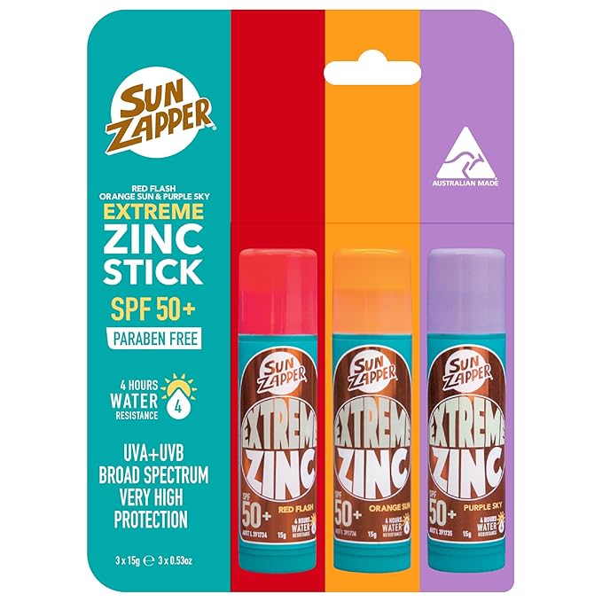 Sun Zapper Extreme Zinc Sunscreen Stick 3-Pack SPF 50+ Red Orange Purple – Colored Water Resistant Mineral Sunscreen Sticks for Face, Surf Sunblock, 15g (0.53 oz) Each, Australian Made