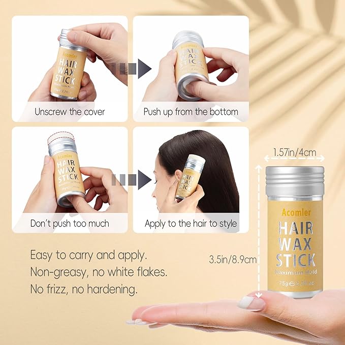 Acomler Hair Wax Stick, Wax Stick for Hair, Hair Stick for Flyaways, Fly Away Stick for Hair Non-greasy, Bun Maker Styling Waxes, Styling Cream Pomade Gel Tamer for Women, Kids, Girls (1 Pack, 2.7oz)