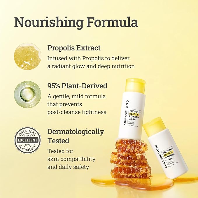 CNP Propolis Rescue Powder Wash, Exfoliating Face Wash with AHA & PHA, for Dry, Sensitive Skin, Dermatologically Tested, 2.4 oz.