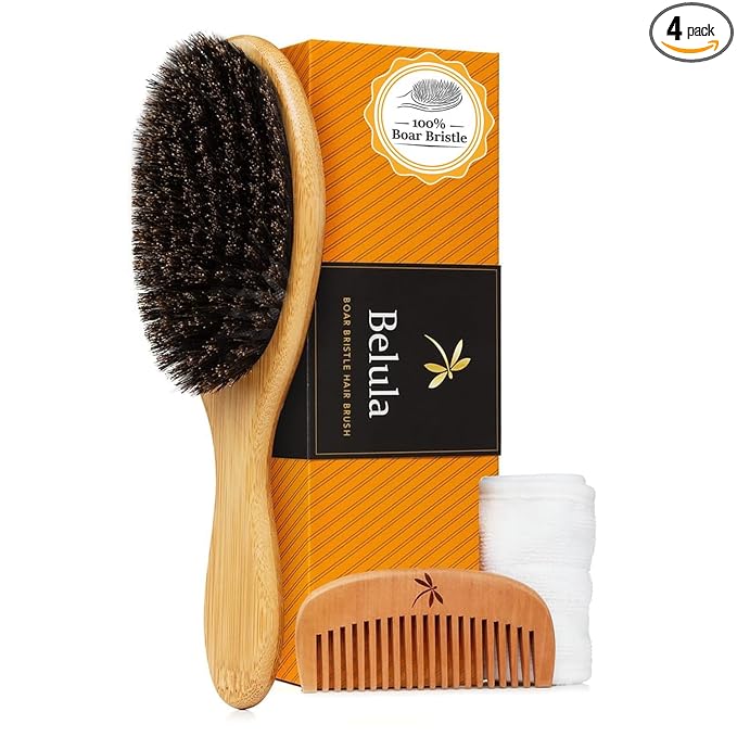Belula 100% Boar Bristle Hair Brush Set (Medium). Soft Natural Bristles for Thin and Fine Hair. Restore Shine And Texture. Wooden Comb, Travel Bag and Spa Headband Included!